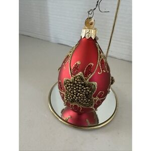 VTG Painted and Textured Egg Shell Ornament Glitter Red Gold Jewels Orn82